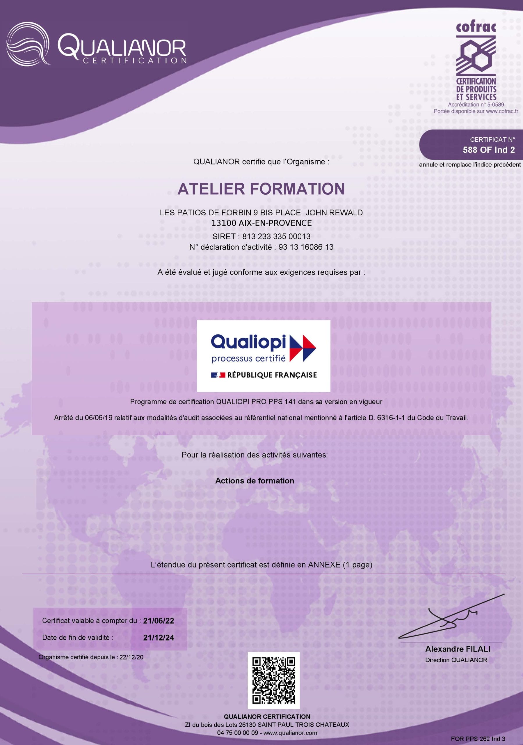 À propos 1 Attestation Qualiopi L'Atelier Formation